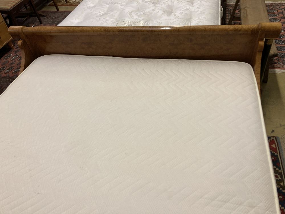 An Empire style birds eye maple gilt metal mounted and part ebonised Superking 6ft. bed frame and mattress